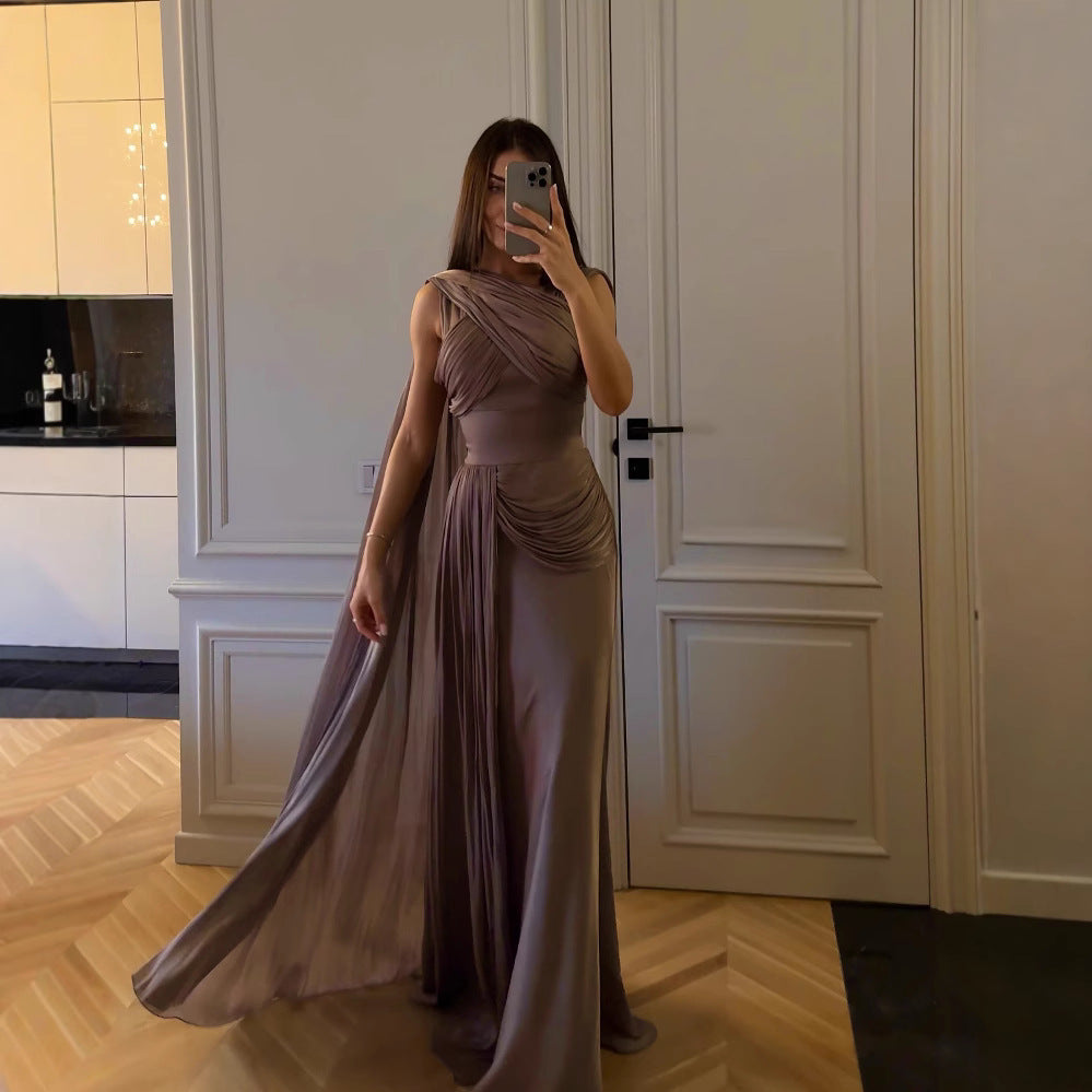 Pleated Ribbon Satin Evening Dress