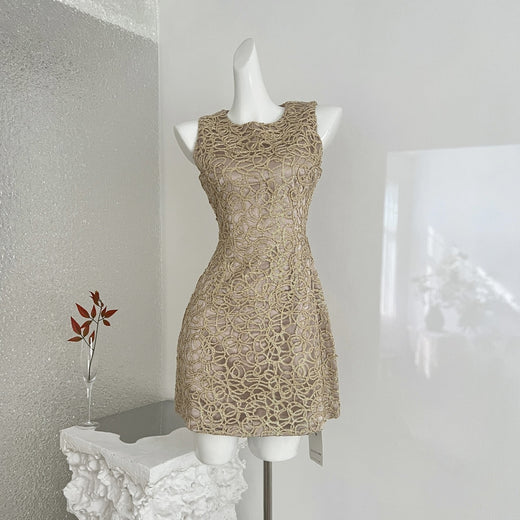 Women's Slim Fit Club Dress - New Gold Thread 3D Embroidery Midi Formal Gown