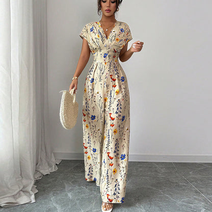 Autumn Short-sleeved Waist-cinching Wide-leg Pants