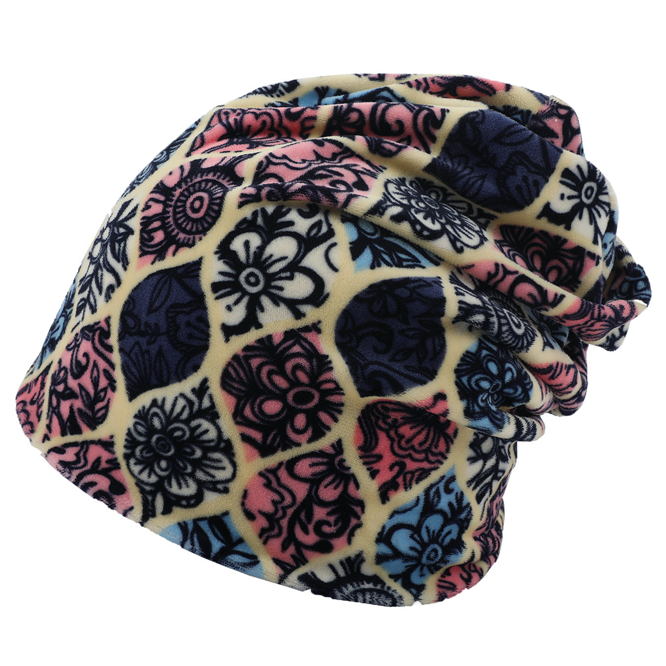Double-layer Short-pile Bonnet With Multi-colored Plaid Pattern