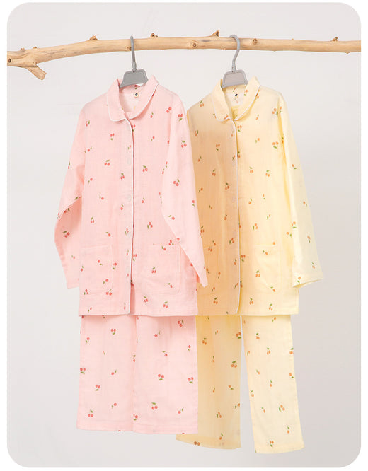 Spring And Summer All Cotton Gauze Cute Cartoon Long Sleeved Pajama Set For Boys And Girls