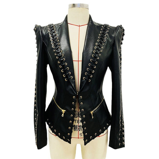 Fashion Heavy Industry Eyelet Rope Slim-fit Leather Coat Suit Jacket
