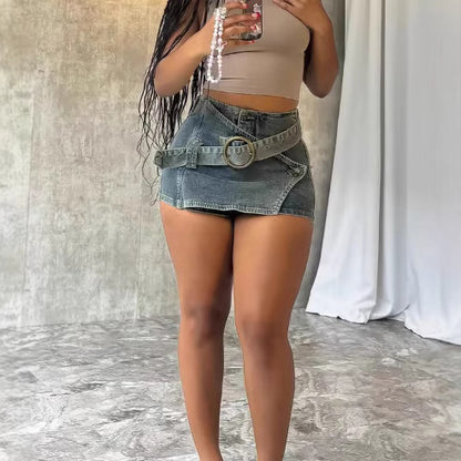 Retro Asymmetrical-hem Fashionably Designed Washed Denim Shorts