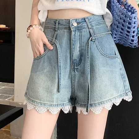 Plus-size Lace-trimmed High-waisted Denim Shorts