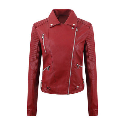 PU Women's Short Leather Oblique Pull Slim Motorcycle Clothing Washed Leather Jacket