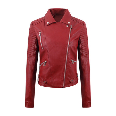 PU Women's Short Leather Oblique Pull Slim Motorcycle Clothing Washed Leather Jacket