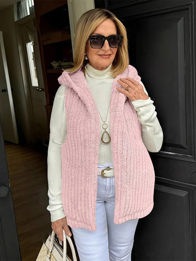 Women's Solid-Color Casual Fuzzy Hooded Vest Sleeveless Jacket