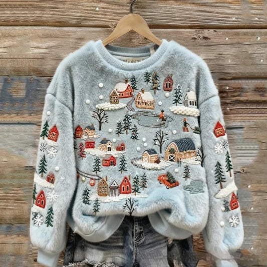 3D Digital-Print Flannel Slim-Fit Crew-Neck Sweatshirt