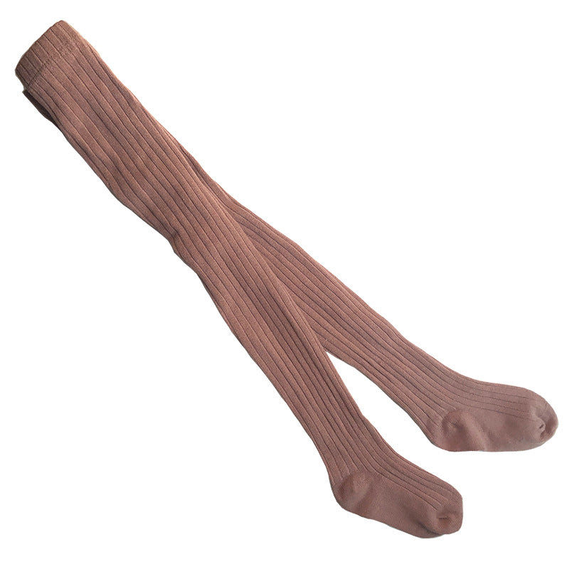 Solid-color Baby Cotton Tights With Ribbed Stripes