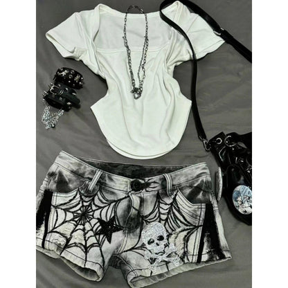 Womens American-style Spiderweb Print Diamond Skull And Star Denim Shorts