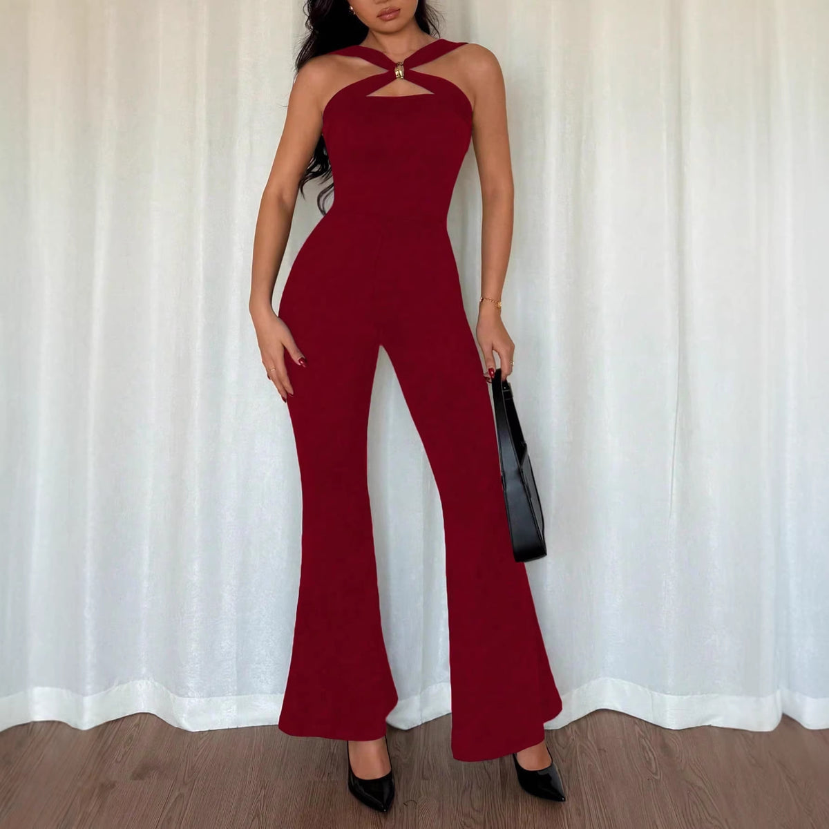 Chic Metal Buckle Flared Jumpsuit