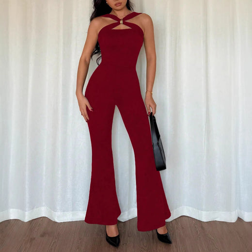 Chic Metal Buckle Flared Jumpsuit