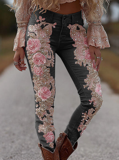 Womens Fashionable Casual Straight Denim Jeans With Floral Print