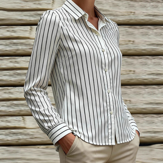 Black And White Striped Silky Satin Lapel Shirt