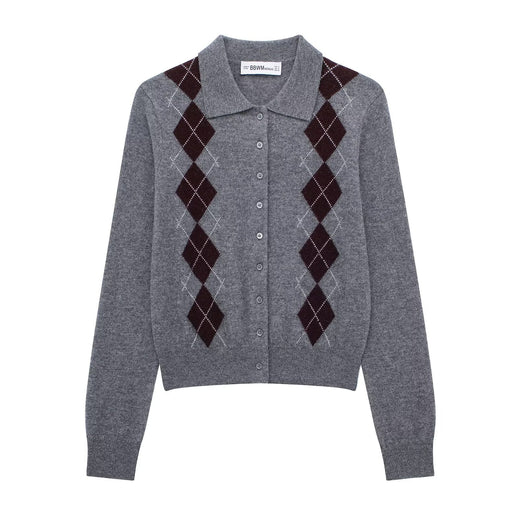 Womens Fashion Lapel Long-Sleeve Single-Breasted Knit Cardigan