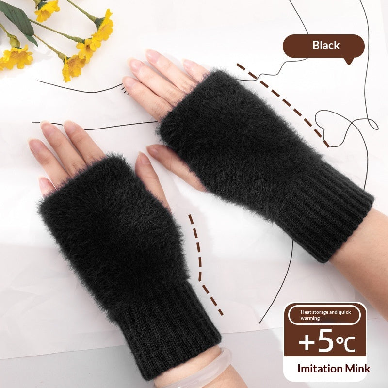 Women's Half-finger Plush Thermal Knit Gloves