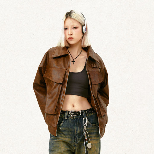 American Street Retro Large Pocket Lapels PU Leather Coat