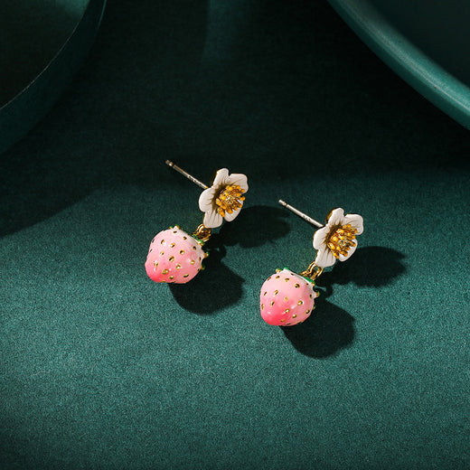 Enamel Strawberry Silver Needle Earrings For Women