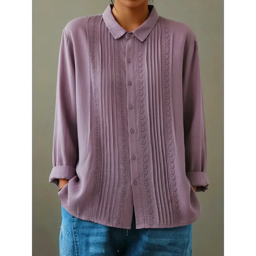 Womens Cotton-Linen Long-Sleeve Loose Shirt With Lace Trim