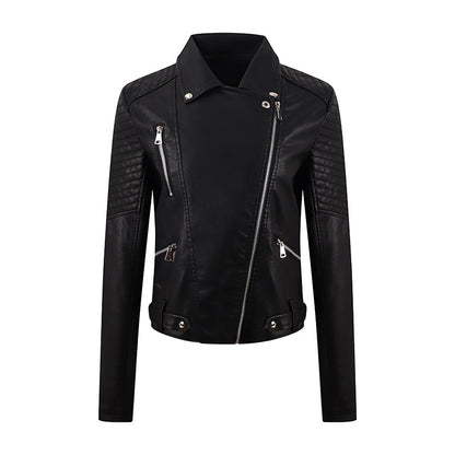 PU Women's Short Leather Oblique Pull Slim Motorcycle Clothing Washed Leather Jacket