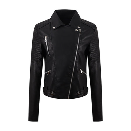 PU Women's Short Leather Oblique Pull Slim Motorcycle Clothing Washed Leather Jacket