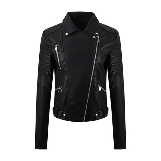 PU Women's Short Leather Oblique Pull Slim Motorcycle Clothing Washed Leather Jacket