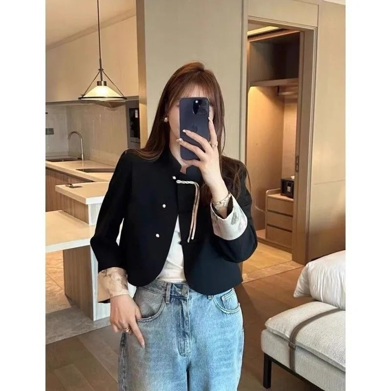 معطف نسائي قصير بتصميم هان ستايل لربيع وخريف، مزين بأزرار ضفدعية