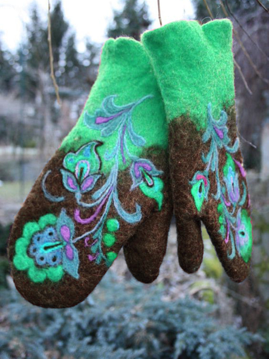 Thickened Color-block Embroidered Winter Warm Gloves For Women