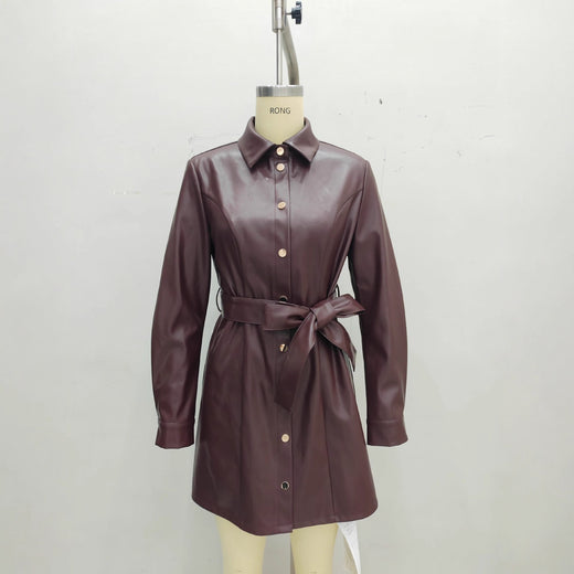 Belted Long-sleeve Leather Trench Fashionable Women's Coat