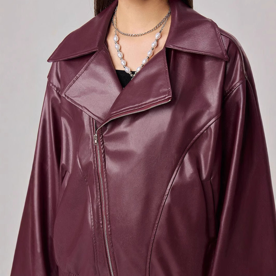 Loose-fitting Long Sleeves Leather Jacket Coat