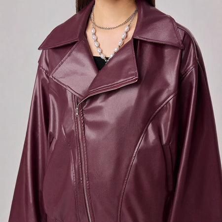 Loose-fitting Long Sleeves Leather Jacket Coat
