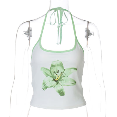 Printed Halterneck Lace-Up Ultra-Cropped Midriff-Baring Tank Top