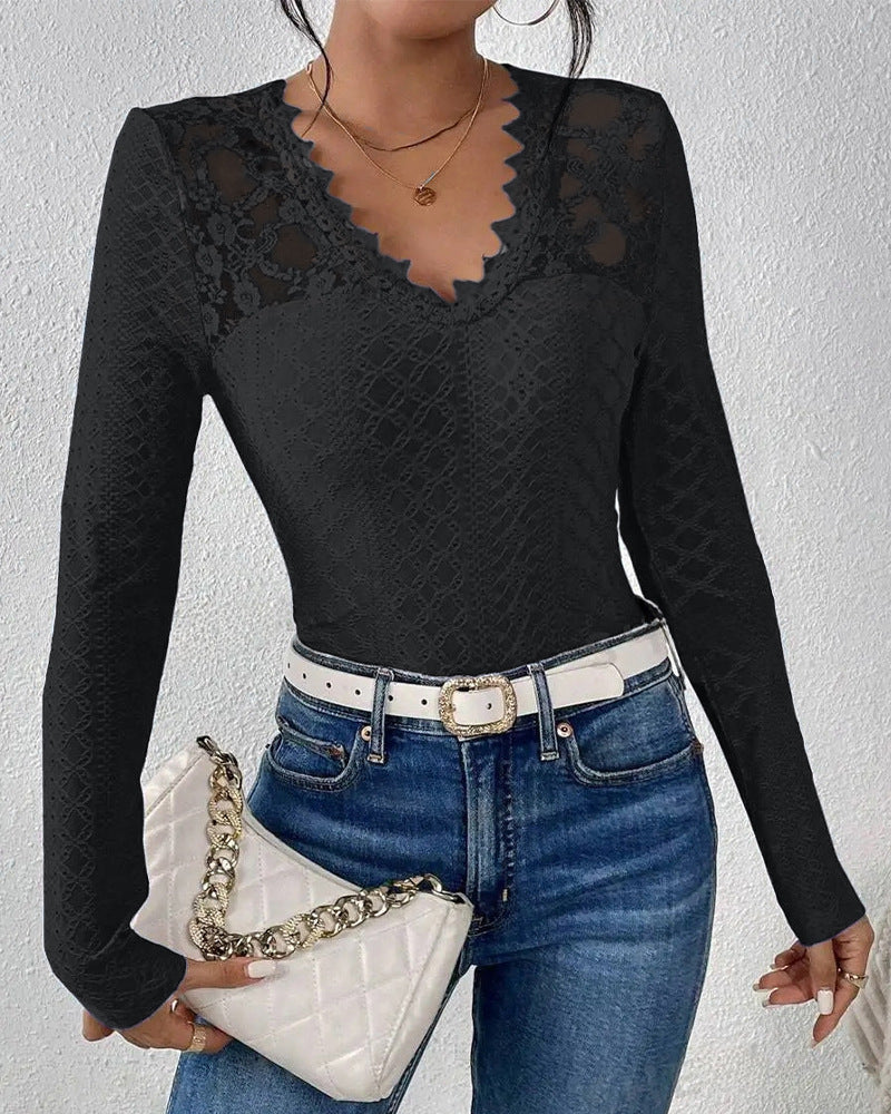 Solid-color V-neck Lace-panel Long-sleeve T-shirt Top For Womenelegant Style