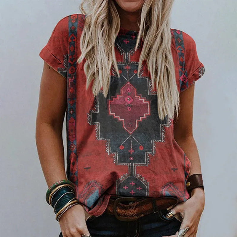 Women's Retro Floral-print Short-sleeve Top