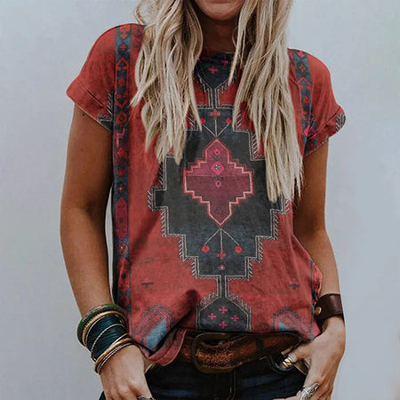 Women's Retro Floral-print Short-sleeve Top
