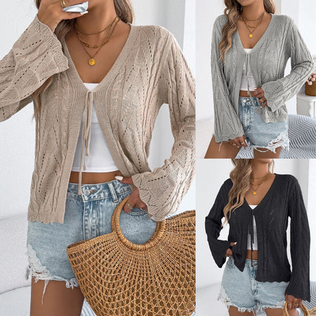 Solid-color Hollow-out Lace-up Flared-sleeve Knit Top For Women