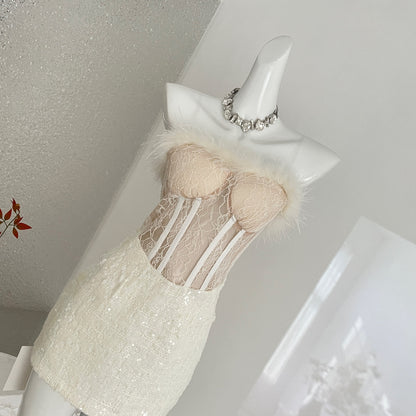 Women's French Strapless Bodycon Dress Lace Fur Trim Splicing Mini Dress For Birthday Dinner Club Night