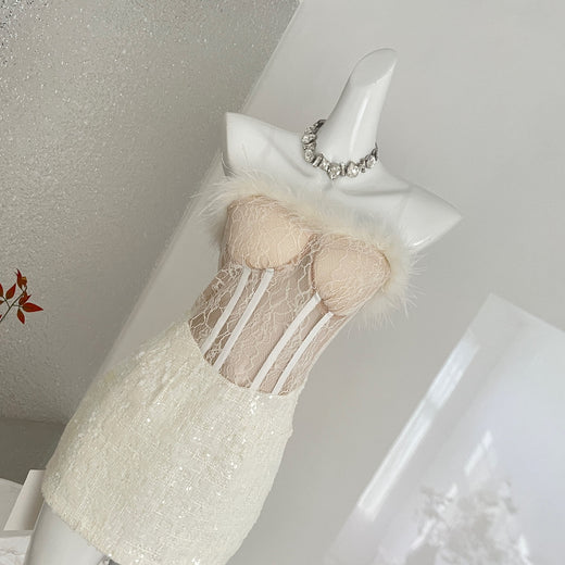 Women's French Strapless Bodycon Dress Lace Fur Trim Splicing Mini Dress For Birthday Dinner Club Night