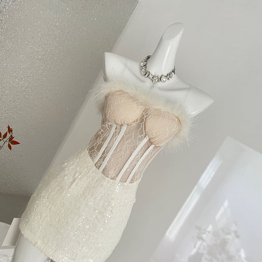 Women's French Strapless Bodycon Dress Lace Fur Trim Splicing Mini Dress For Birthday Dinner Club Night