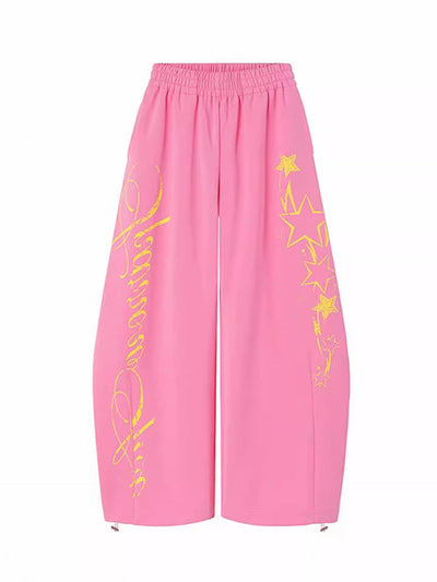 Retro Print Letter Drawstring Casual Pants For Women