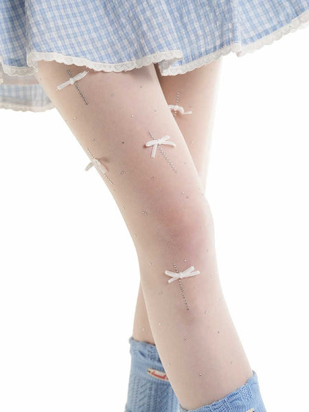 Velvet Bow Rhinestone White Stockings