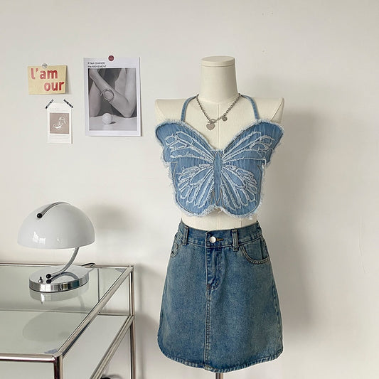 Embroidered Camisole With Butterfly Theme Sexy Blue Stage Performance Top For Girl Groups