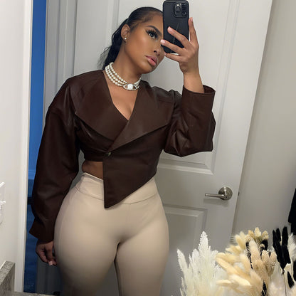 PU Leather Solid Color Casual Coat For Women