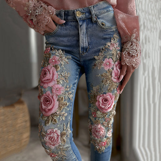 Womens Denim Jeans  Womens Trousers With Colorful 3D Floral Prints