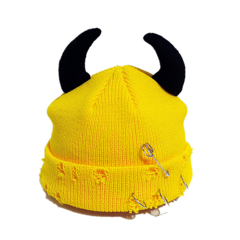 Knitted Wool Hat With Hole-decorated Gourd-shaped Devil-ear Pins