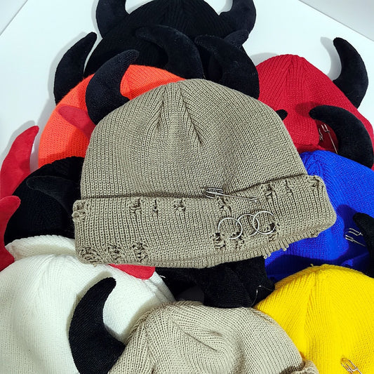 Knitted Wool Hat With Hole-decorated Gourd-shaped Devil-ear Pins