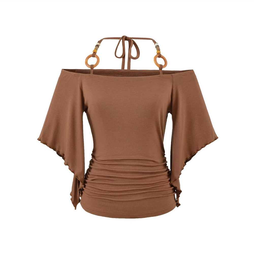 Women's Retro Off-the-Shoulder Beaded Halter Neck Top