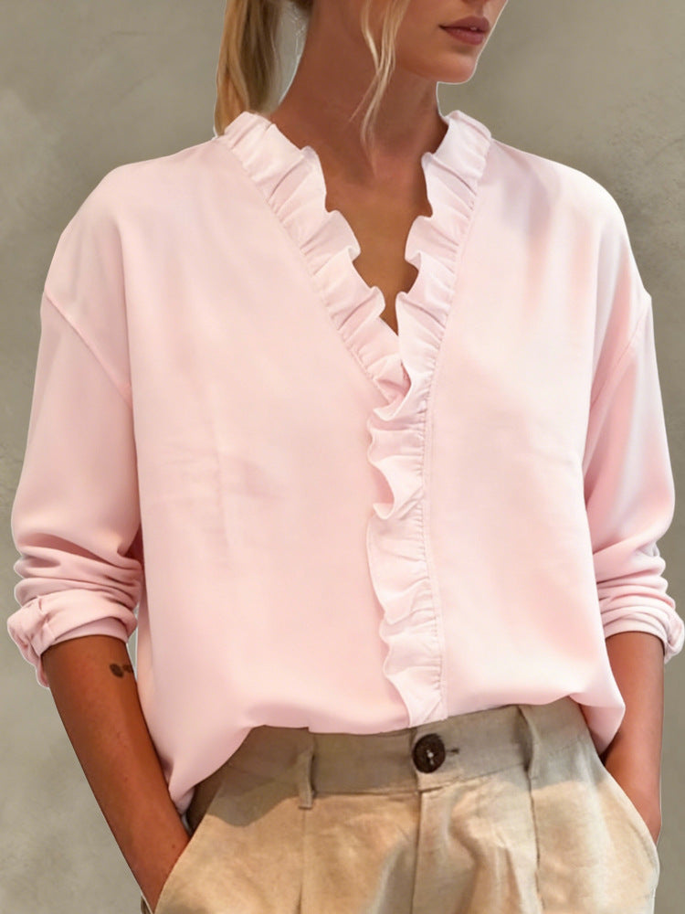 Womens Casual Long-sleeve V-neck Blouse With Lace Trim