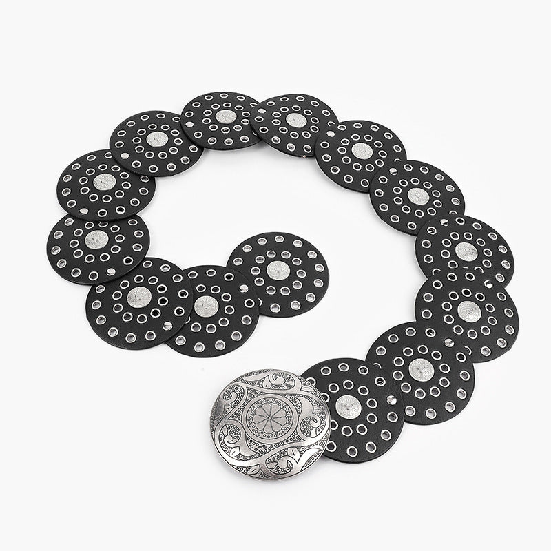 Disc Hook Leather Retro Rivet Alloy Belt Wide Belt