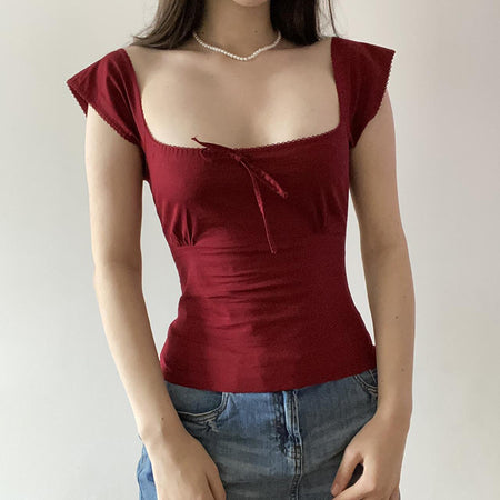 Women's Lace Up Square Neck Slimming Short Sleeve Top